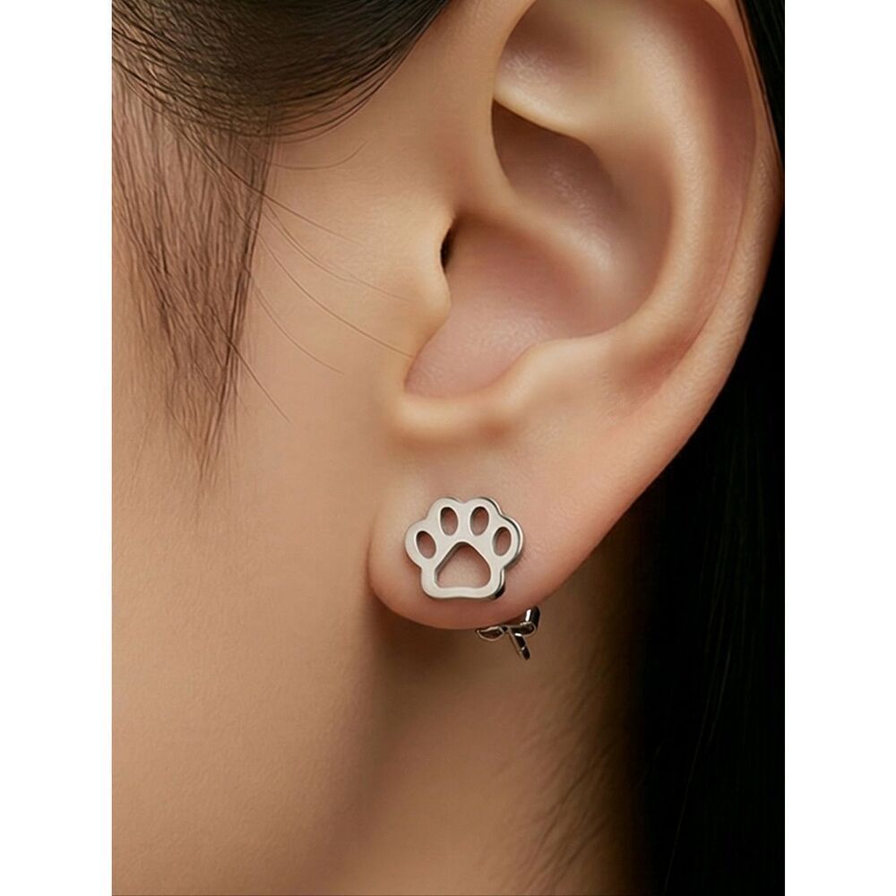 Paw Print Stud Earrings Tiny Dog Cat Pet Silver Stainless Steel Dainty Giftable